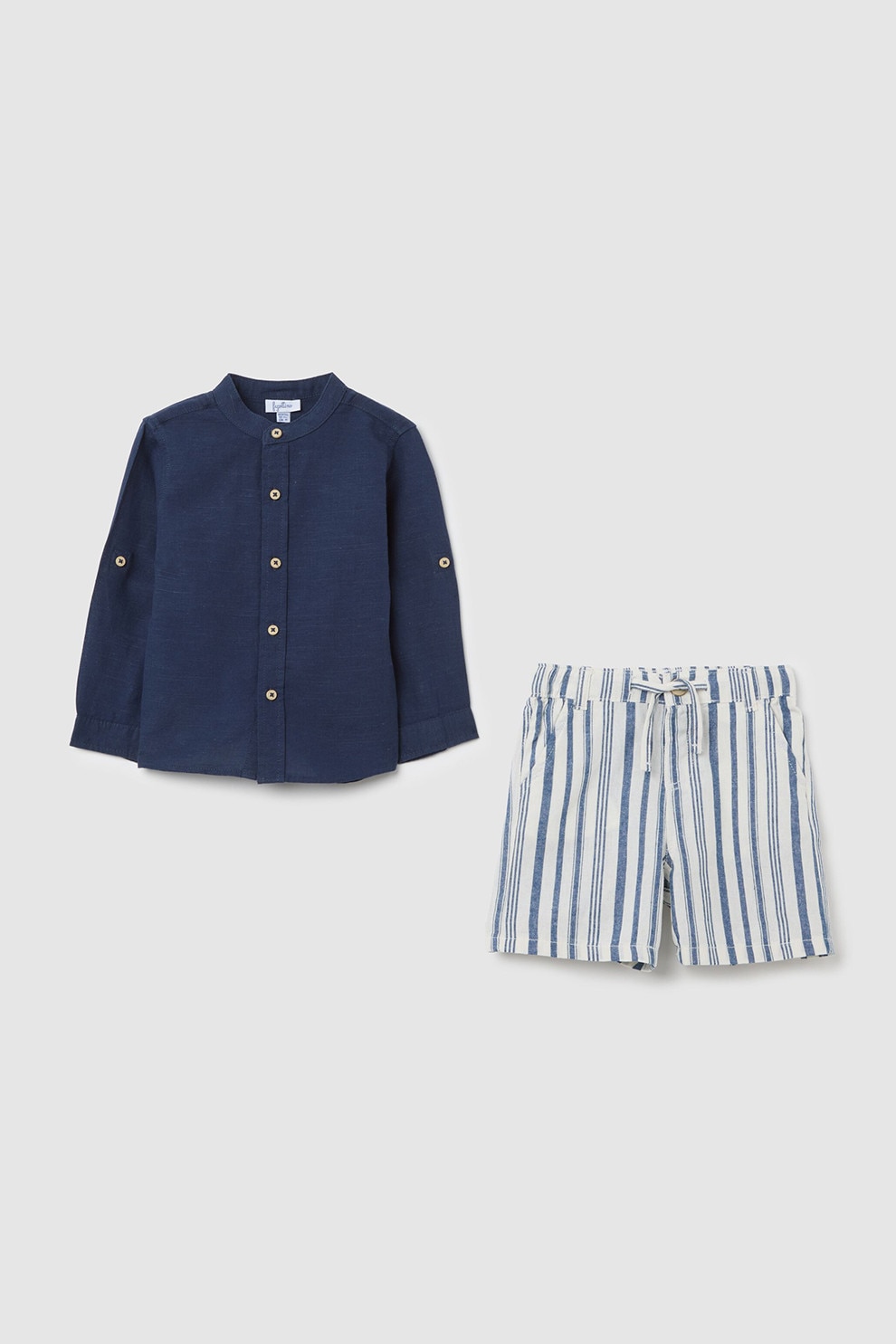 OVS, Set de pantaloni scurti si camasa din bumbac si in, Alb, Bleumarin, 98 CM