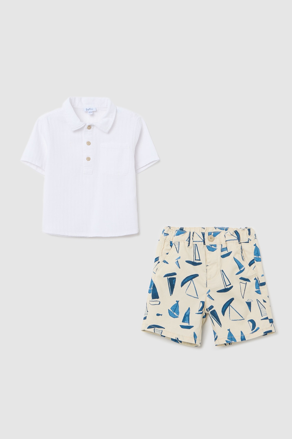 OVS, Set de tricou polo si pantaloni scurti cu imprimeu, Bej, Alb optic, Albastru, 80 CM