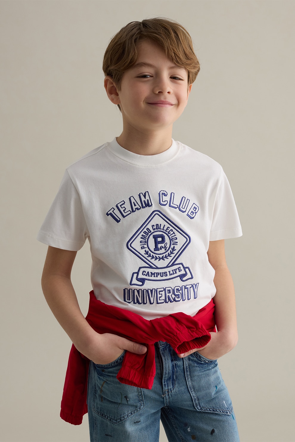 OVS, Tricou regular fit cu imprimeu grafic, Alb fildes, Albastru royal, 104 CM