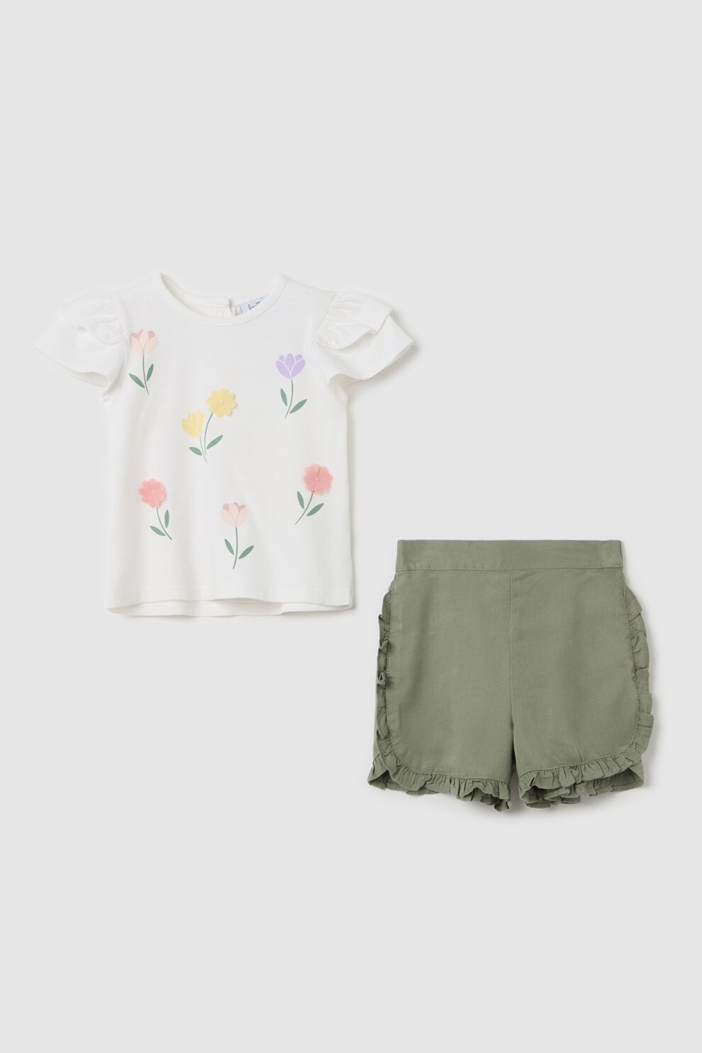 OVS, Set de tricou din lyocell si pantaloni scurti, Alb, Kaki, 98 CM