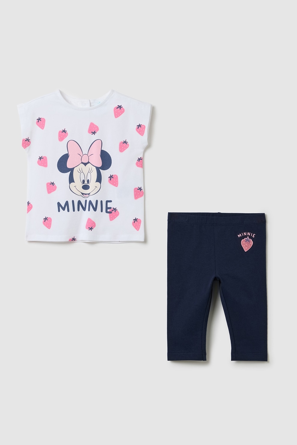 OVS, Set de tricou cu imprimeu Minnie Mouse si colanti, Alb optic, Bleumarin, 74 CM
