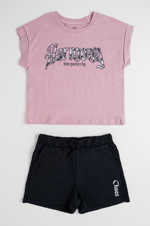 OVS, Set de tricou de bumbac si pantaloni scurti, Negru/Lila pal