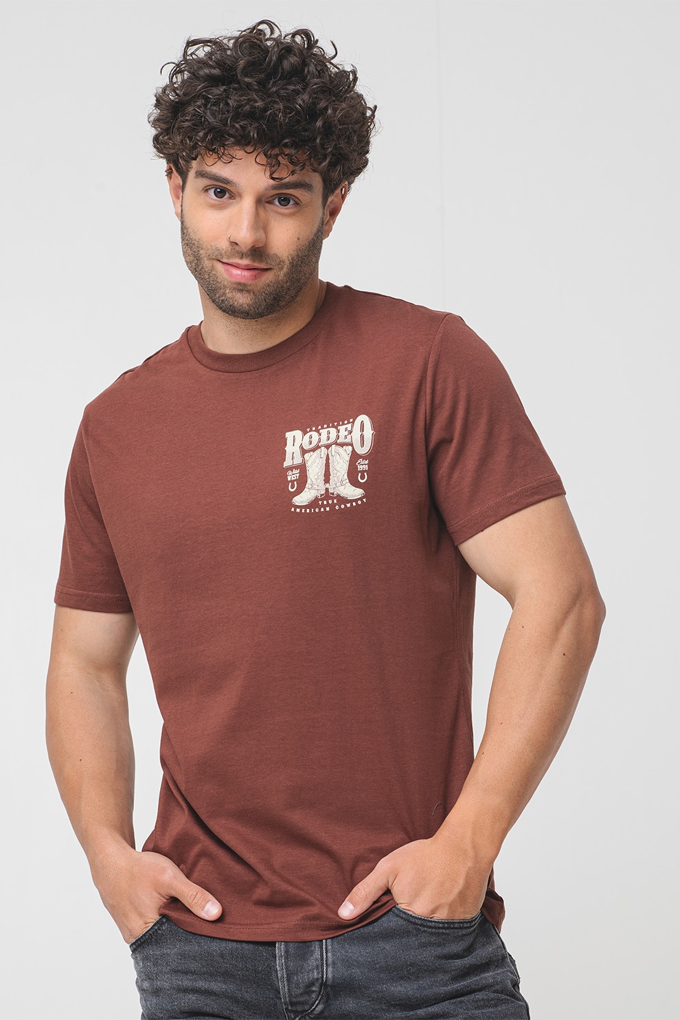 OVS, Tricou cu imprimeu grafic pe partea din spate, Maro, XL