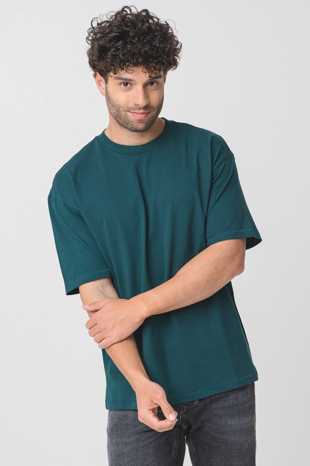 OVS, Tricou cu model uni si decolteu la baza gatului, Verde englez, M