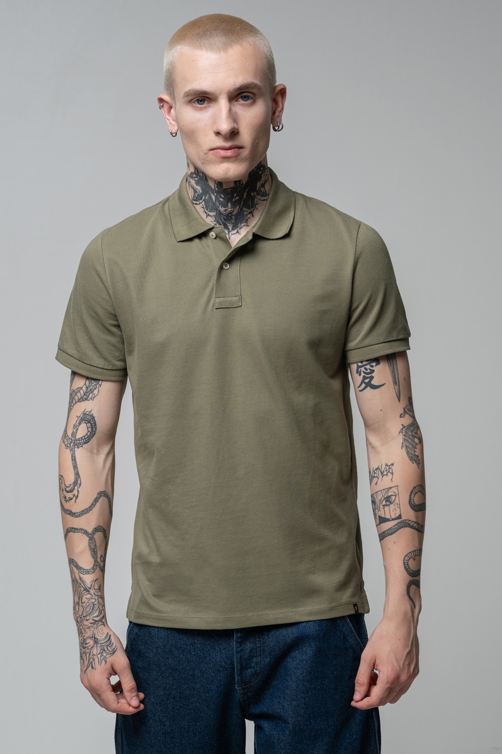 OVS, Tricou polo cu model uni, Verde masliniu, L
