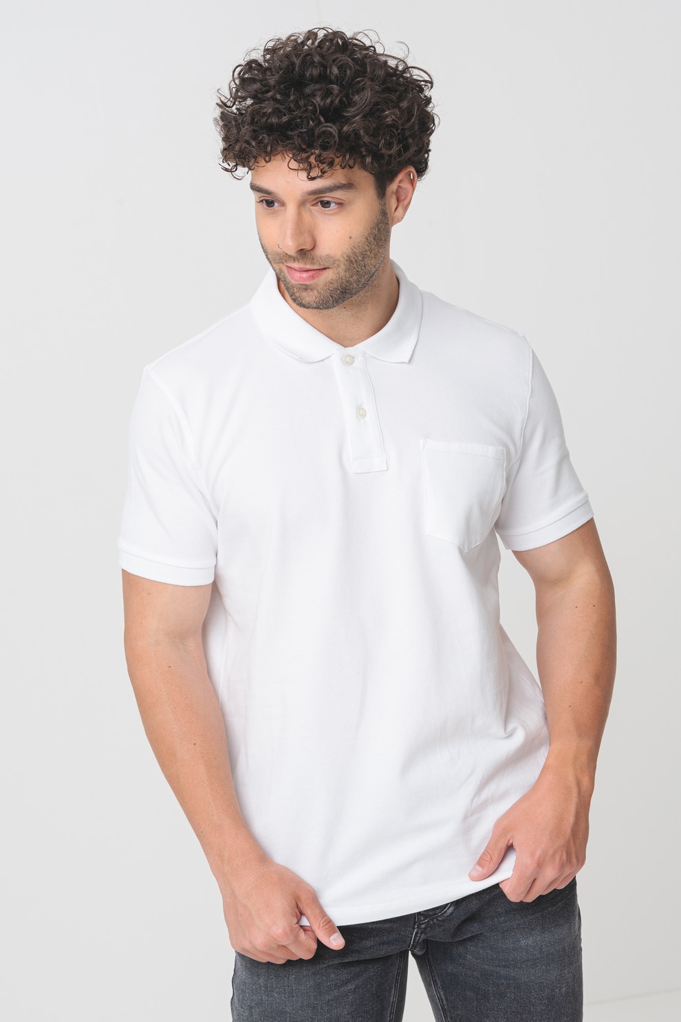 OVS, Tricou polo cu buzunar pe piept, Alb optic, L