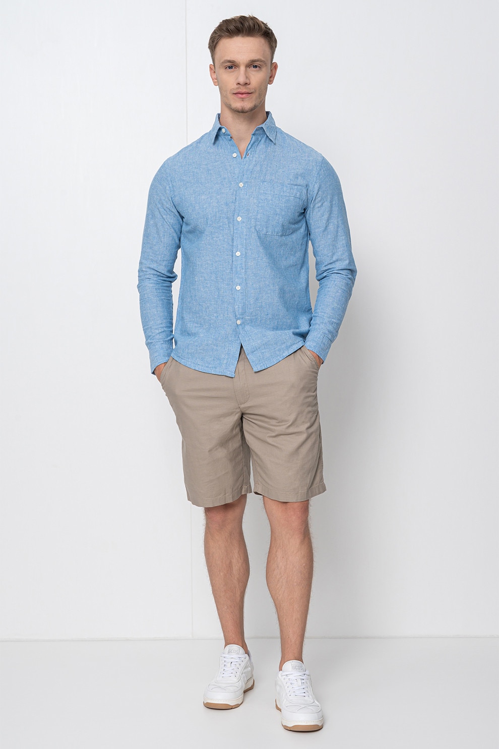 OVS, Camasa uni din bumbac si in, Albastru pastel, S