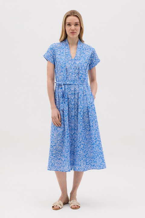 OVS, Rochie cu model floral si buzunare laterale, Alb/Albastru