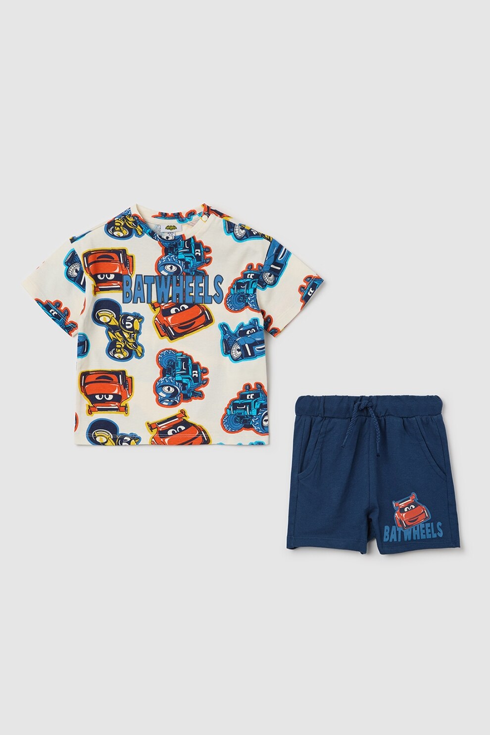 OVS, Set de tricou cu imprimeu si pantaloni scurti, Alb fildes, Bleumarin, 92 CM