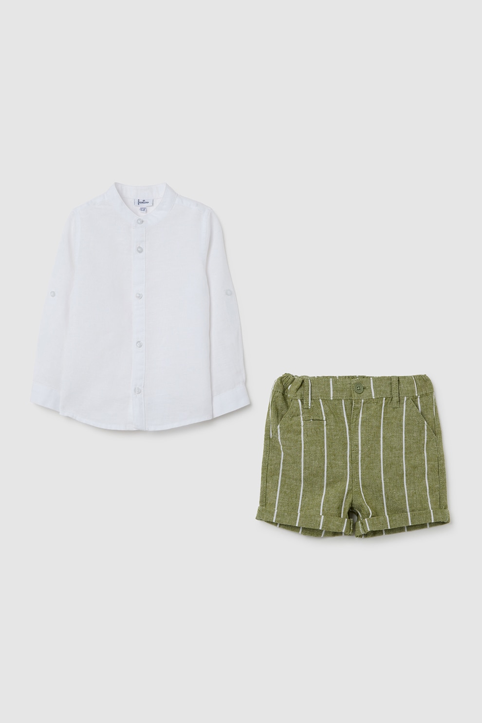 OVS, Set de camasa din amestec de in si pantaloni scurti, Verde masliniu, Alb optic, 86 CM