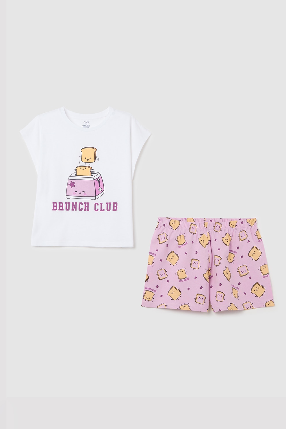 OVS, Pijama cu pantaloni scurti si imprimeu grafic, Roz pastel, Camel, 146 CM