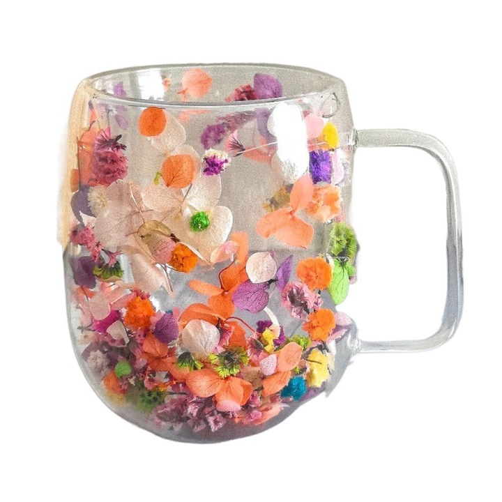 Cana 250ml CNNIK®, cu flori uscate, sticla borosilicata, 250ml, Portocaliu, design inalt si rotund