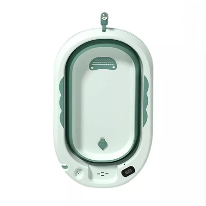 Cadita Little Mom Green pliabila, cu termometru incorporat, margini rotunjite, dop evacuare, suprafata anti-alunecare, capacitate 40 L