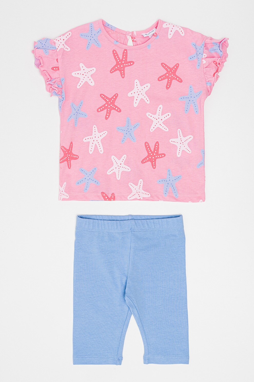 OVS, Set de tricou cu model si colanti scurti uni - 2 piese, Albastru pastel, Roz pastel, 86 CM