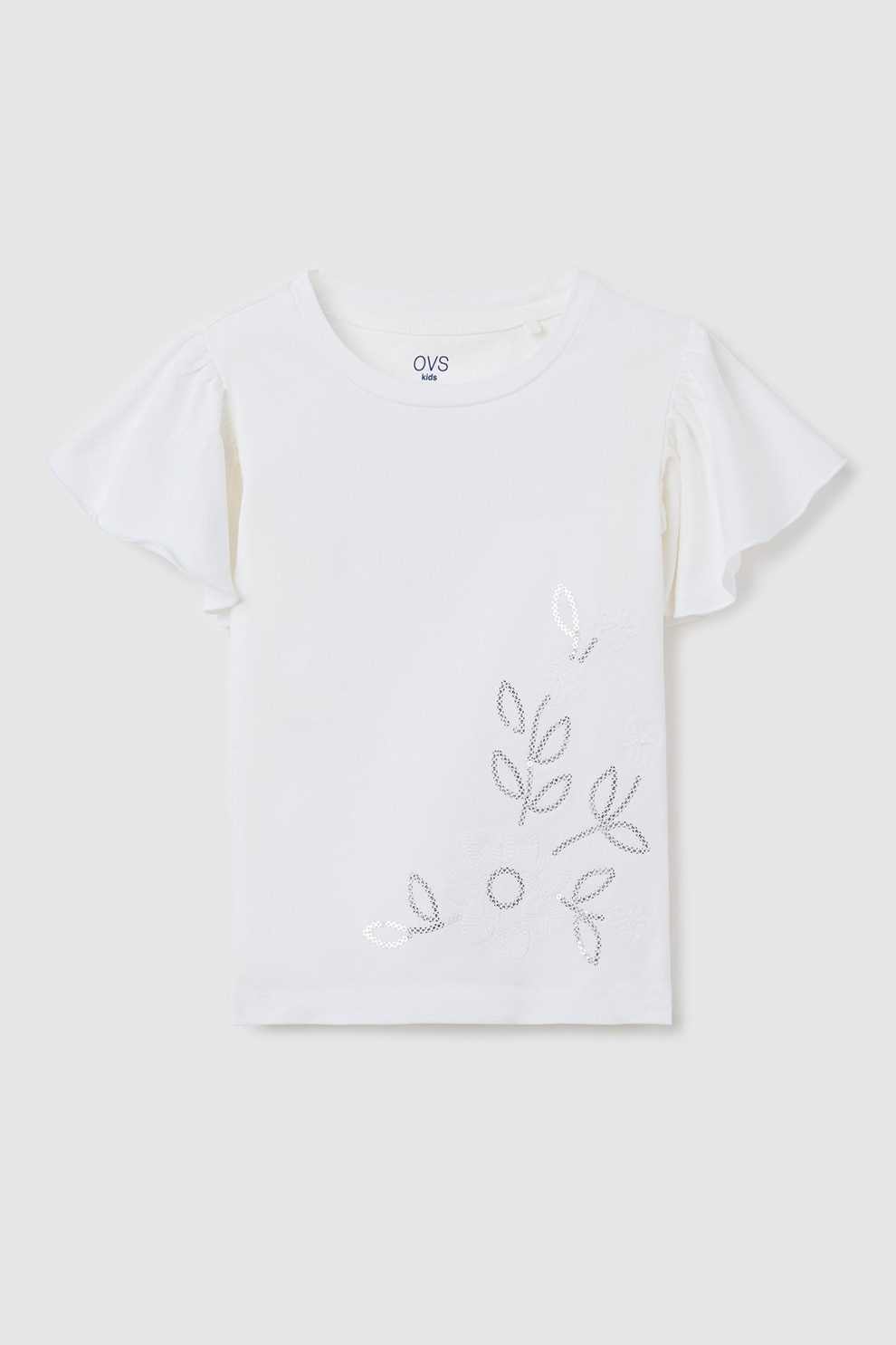 OVS, Tricou cu maneci cu volane, Gri deschis, 104 CM