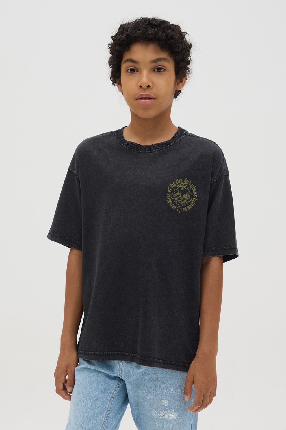 OVS, Tricou din bumbac cu imprimeu grafic, Negru, 152 CM