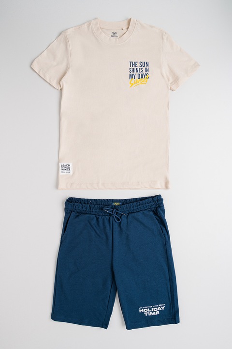 OVS, Set de tricou de bumbac si bermude, Albastru inchis/Bej deschis