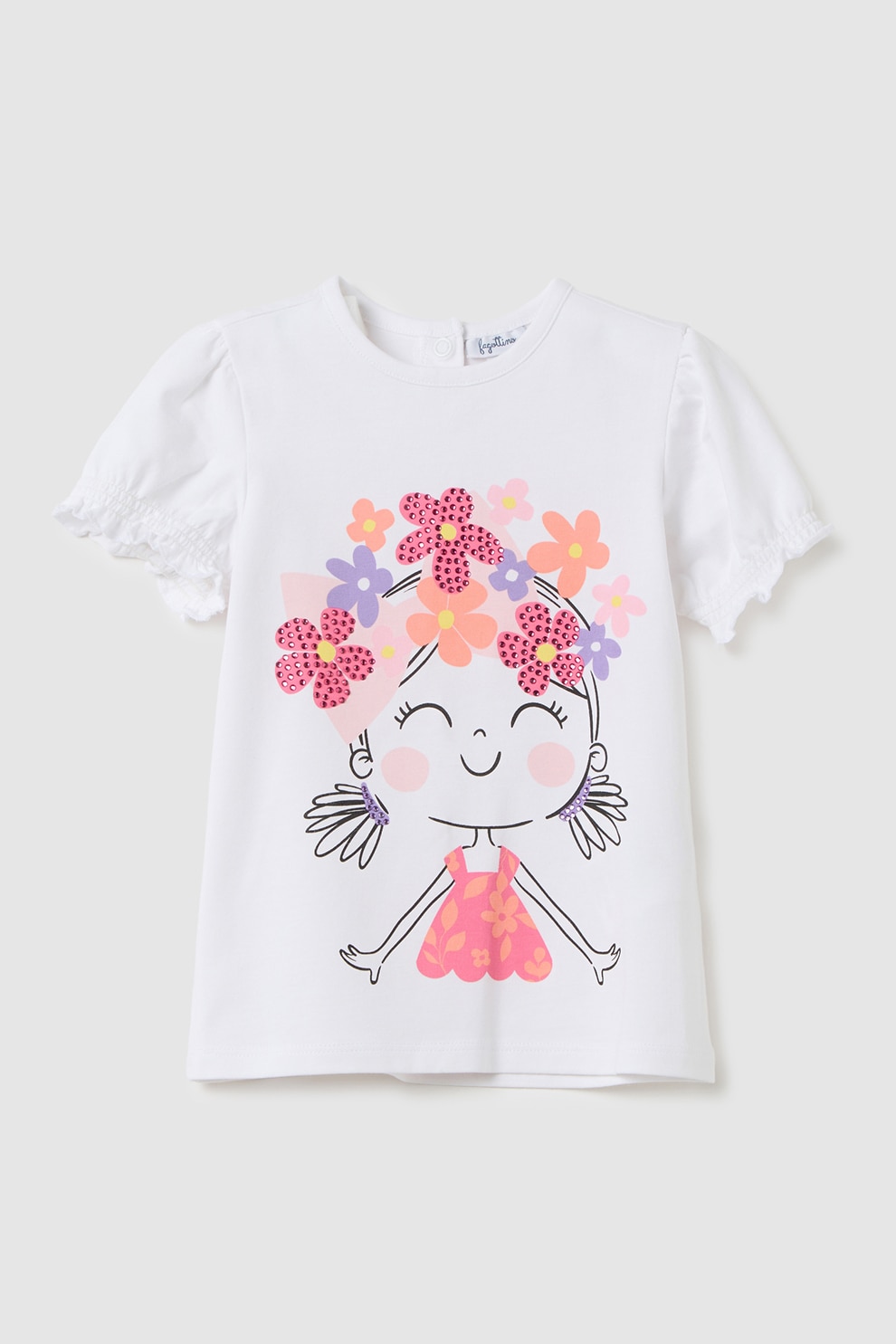 OVS, Tricou cu imprimeu grafic si fenta cu capse, Alb optic, 86 CM