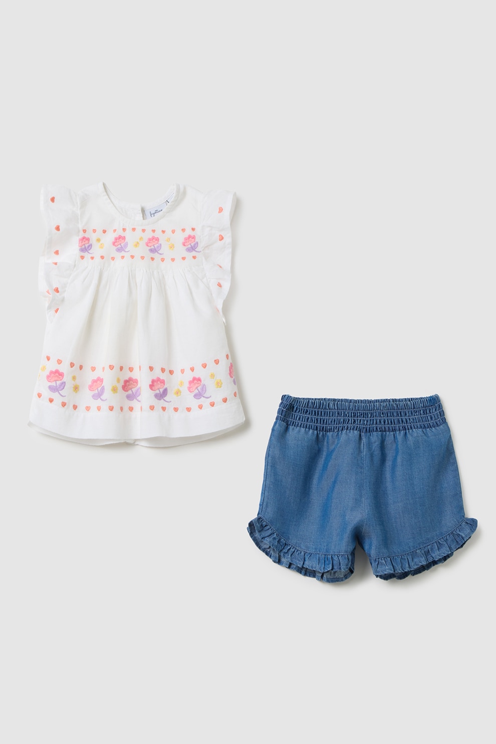 OVS, Set de bluza si pantaloni scurti din denim - 2 piese, Petrol, Alb optic, 80 CM