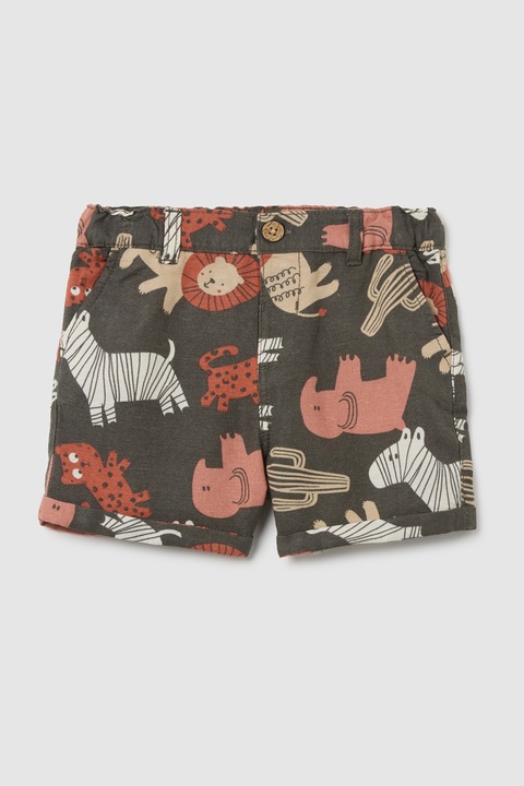 OVS, Pantaloni scurti din amestec de in cu model cu animale, Portocaliu/Verde feriga