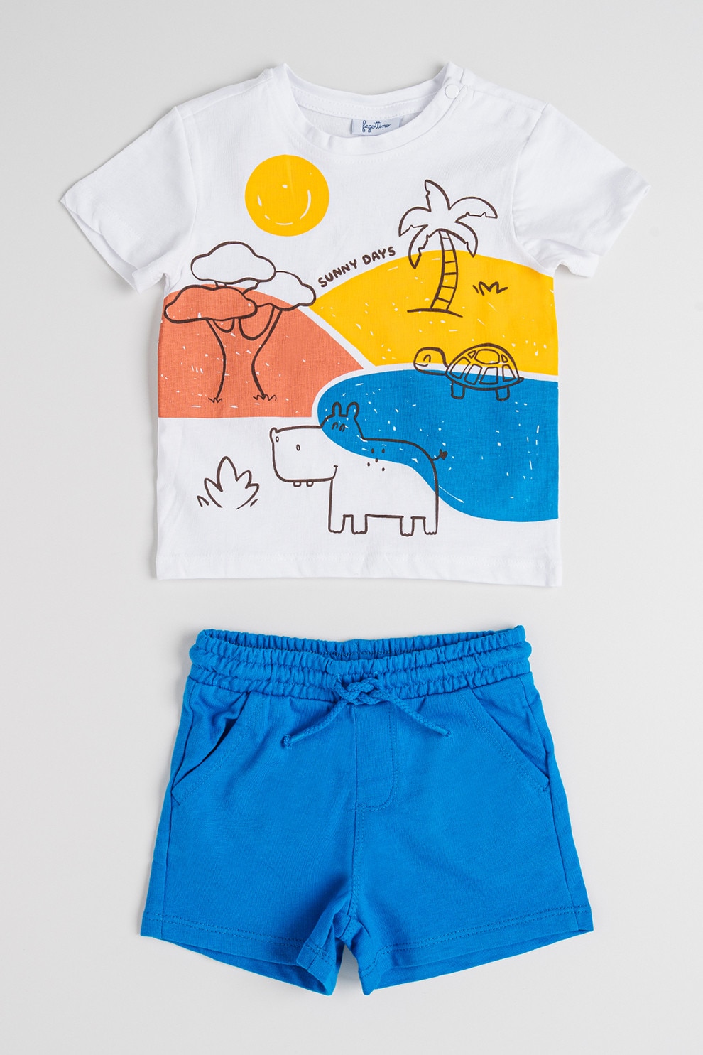 OVS, Set de tricou si pantaloni scurti, Alb, Albastru deschis, 74 CM