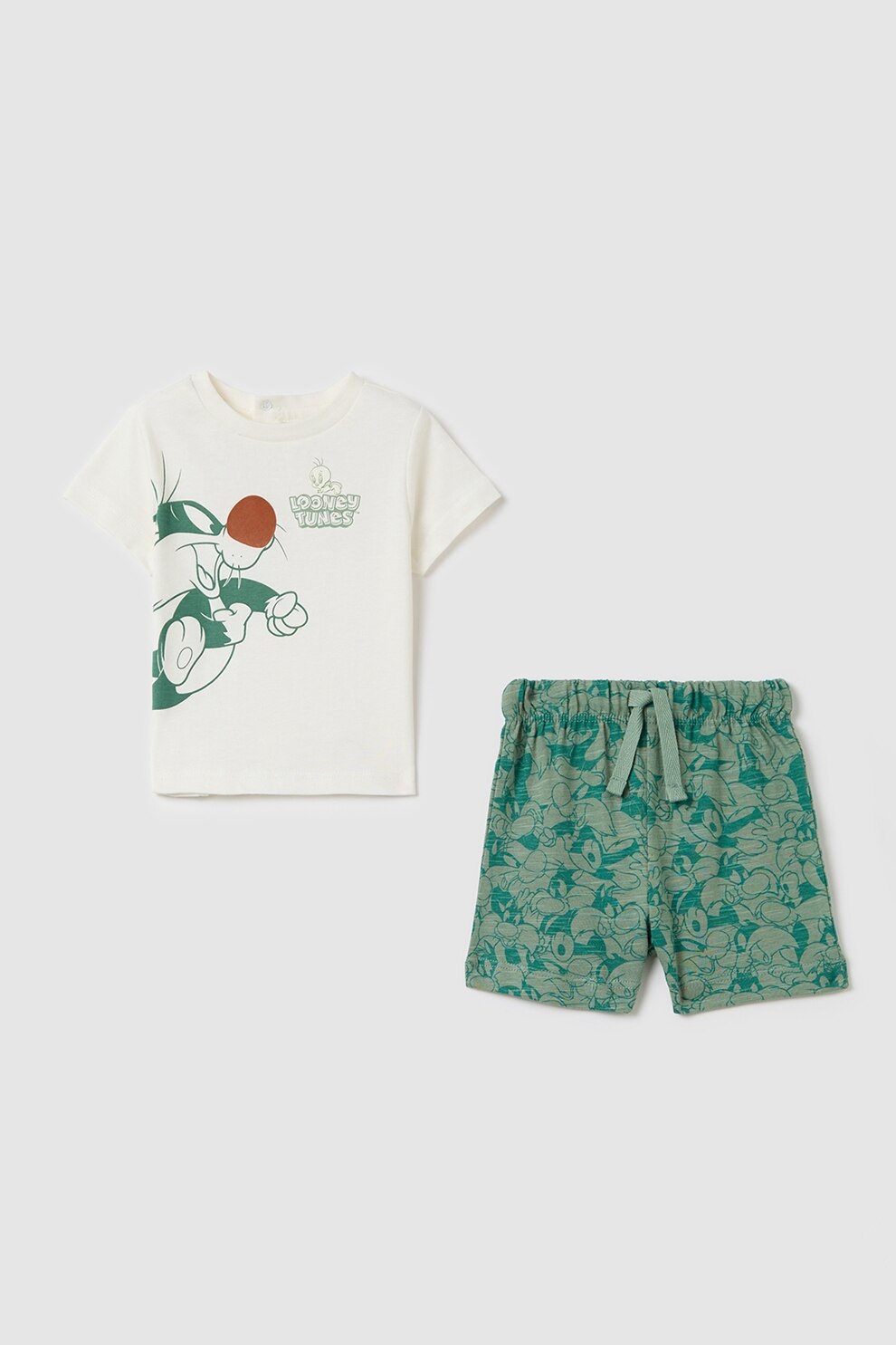 OVS, Set de tricou si pantaloni scurti, Verde, Alb murdar, 68 CM