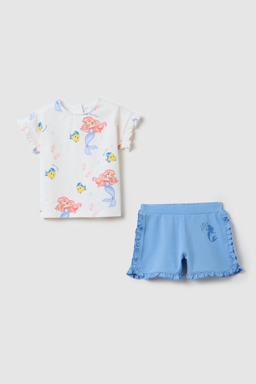 OVS, Set de pantaloni scurti si tricou The Little Mermaid, Alb, Coral, Albastru, 80 CM