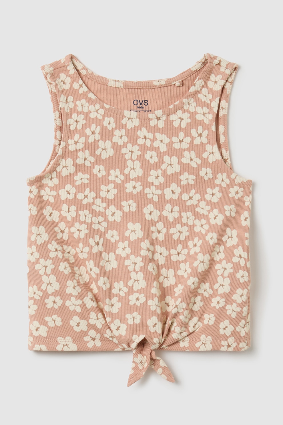 OVS, Top striat cu model floral si detaliu cu nod, Alb, Roz prafuit, 128 CM