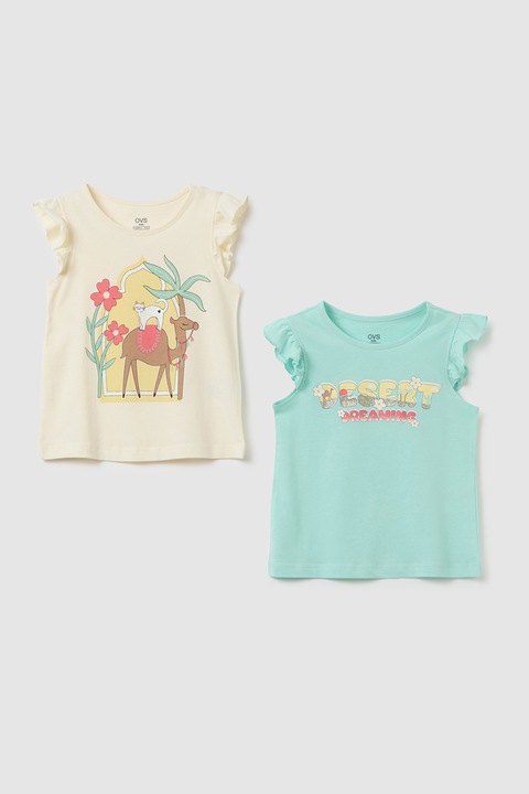 OVS, Mintás póló szett fodros részlettel - 2 db, Csontszín/Világoszöld