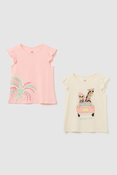 OVS, Set de tricouri cu imprimeu grafic - 2 piese, Roz deschis/Galben deschis