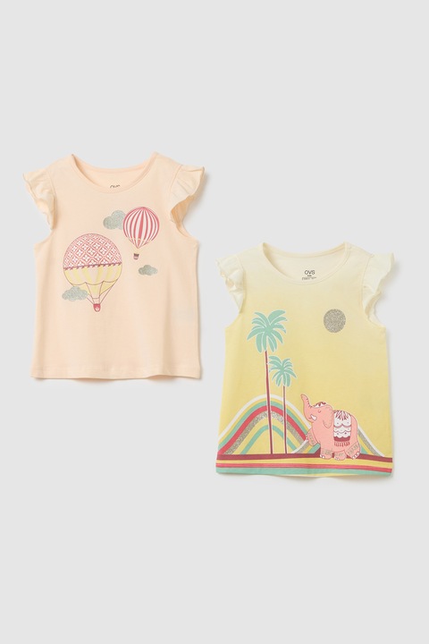 OVS, Mintás póló szett csillámos részlettel - 2 db, Halványsárga/Barackszín