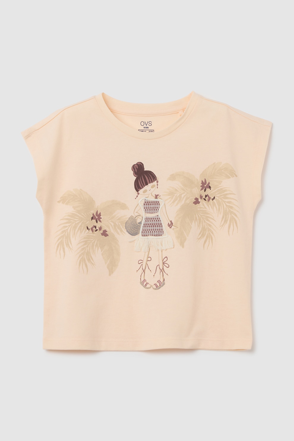 OVS, Tricou din bumbac cu imprimeu si detaliu brodat, Roz somon, 104 CM