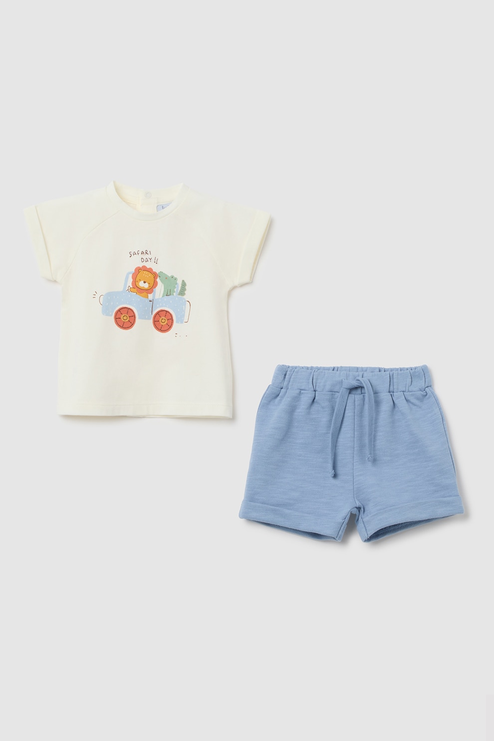 OVS, Set de tricou cu capse pe partea din spate si pantaloni scurti cu snur de ajustare - 2 piese, Alb murdar, Albastru deschis, 62 CM