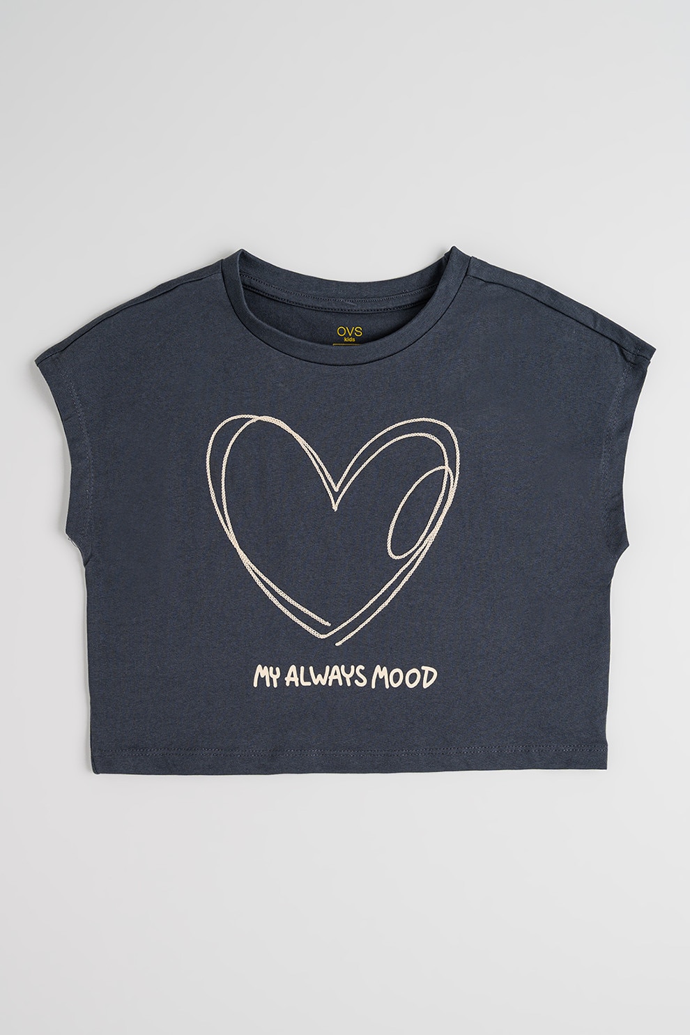 OVS, Tricou crop de bumbac cu imprimeu, Gri antracit, 152 CM