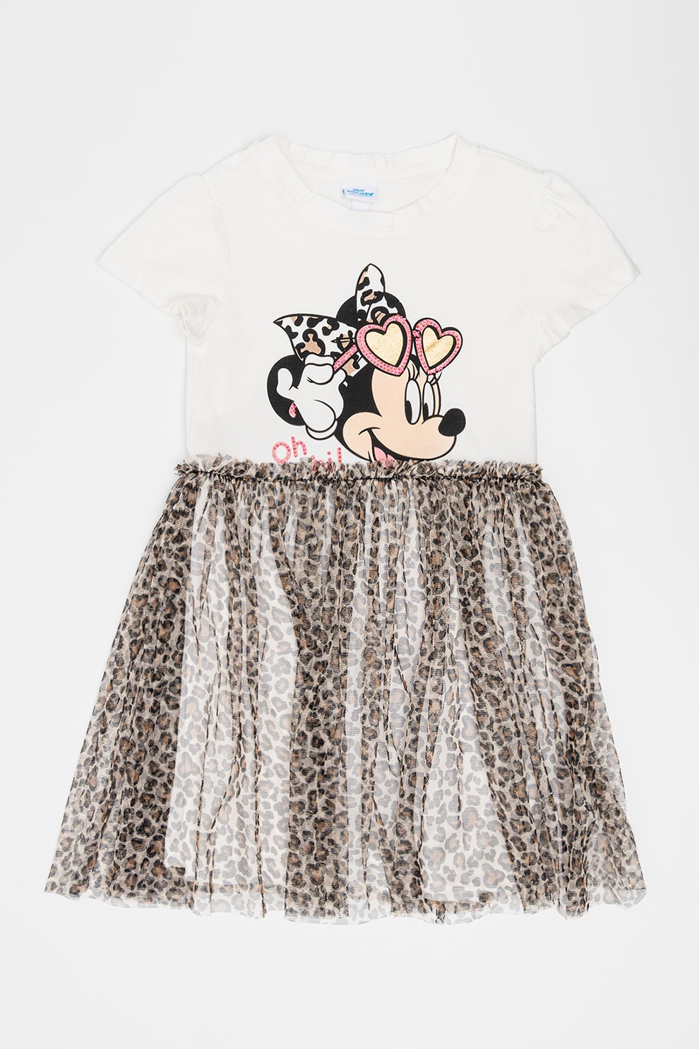 OVS, Rochie cu model 2 in 1, Minnie Mouse si animal print, Alb fildes, Negru, Maro deschis, 134 CM