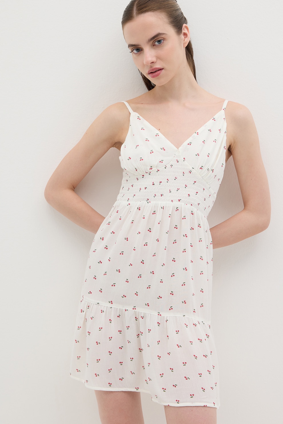 OVS, Rochie cu imprimeu si decolteu in V, Alb, M