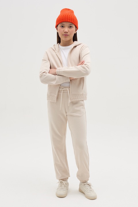 OVS, Húzózsinóros derekú pamut szabadidőnadrág, Csontszín, 164 CM