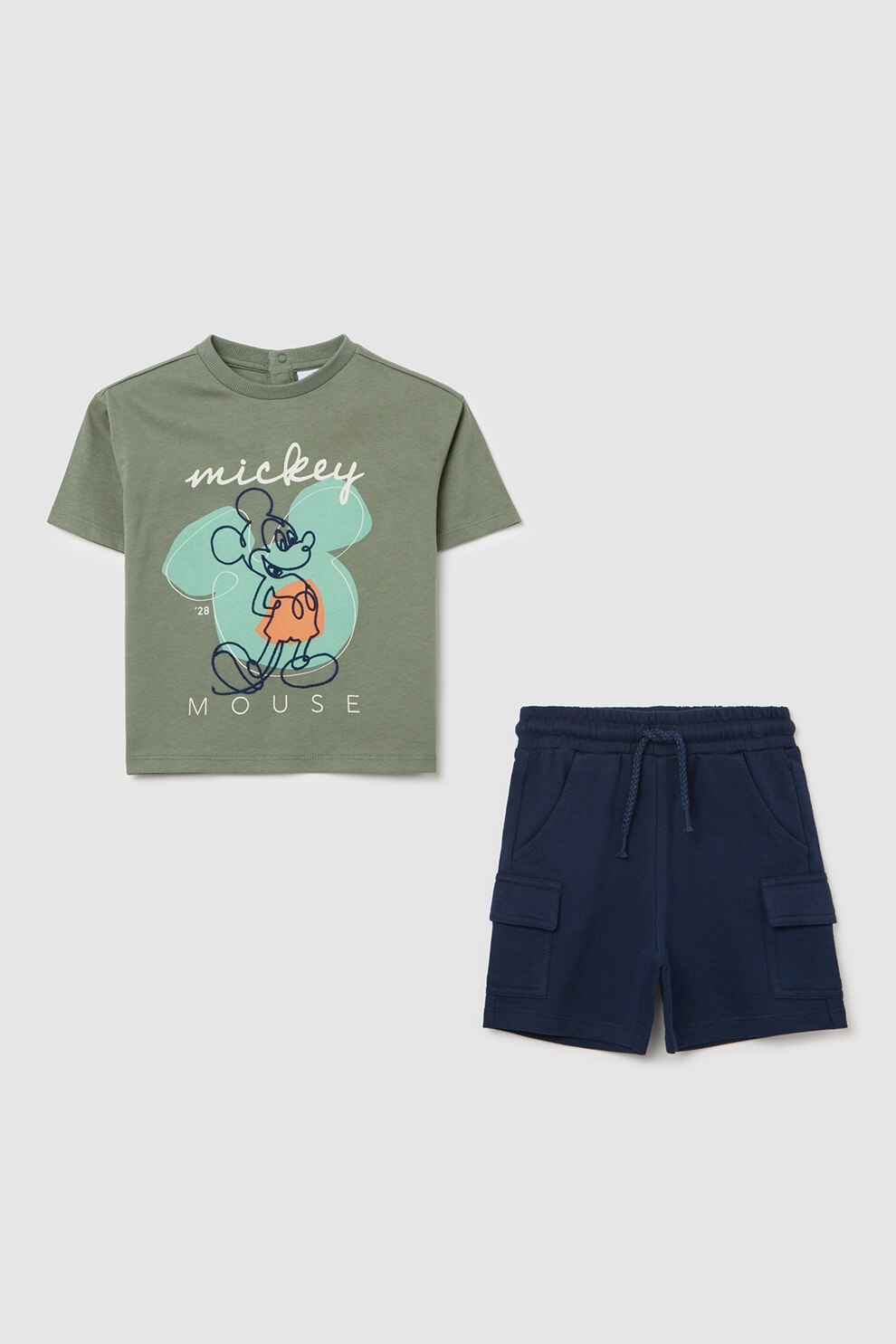 OVS, Set de pantaloni scurti si tricou cu broderie Mickey Mouse, Kaki, Bleumarin, 80 CM