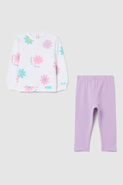 OVS, Trening de bumbac cu imprimeu floral, Alb/Turcoaz/Lila, 74 CM