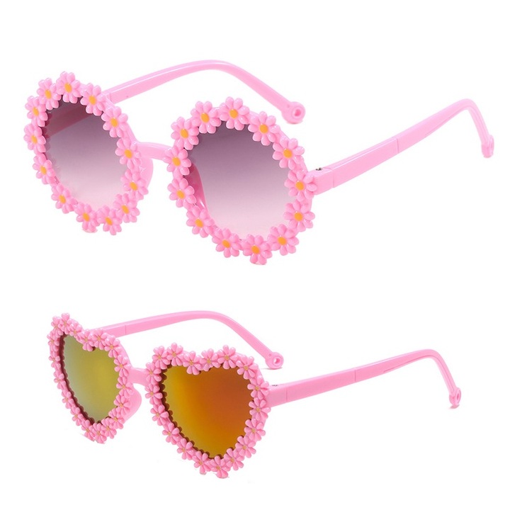 Комплект от 2 чифта детски слънчеви очила, Kaypsre, кръгло цвете и сърце, UV400 защита, розови, 122x52mm/122x53mm