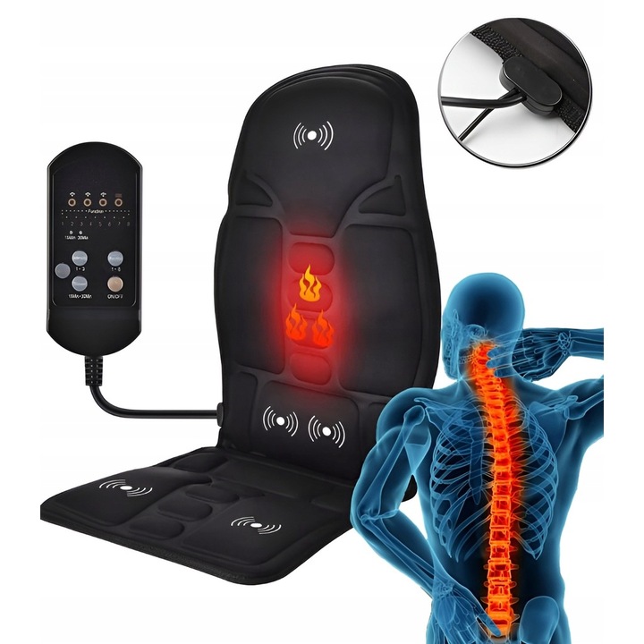 Aparat Profesional Tip Husa Scaun pentru Masaj, 8 moduri, Spate/Sold/Coapse, Control Telecomanda, Puncte Masaj Flexibile si Mobile, pentru casa si masina, 73 cm x 42 cm x 46 cm, negru