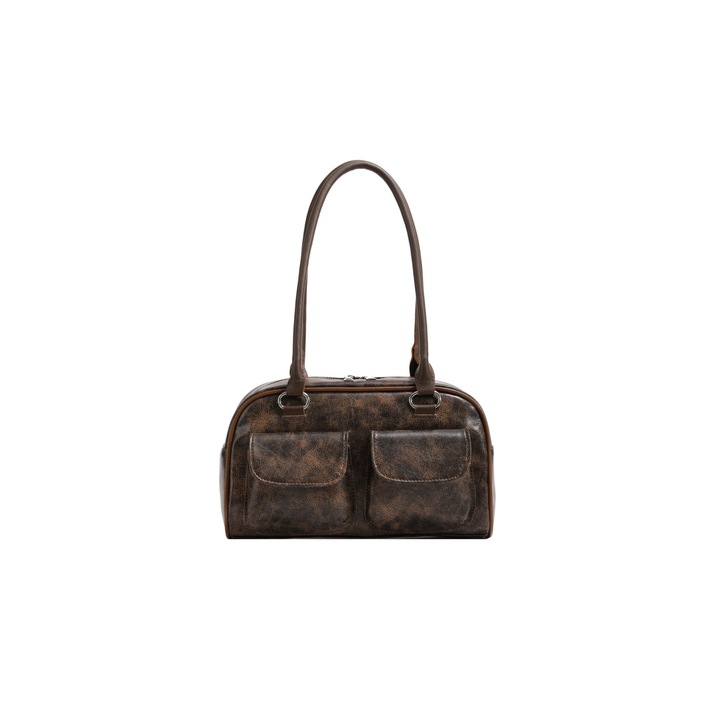 Geanta de dama LOILERIE, design retro, piele ecologica, maro cafeniu, dimensiuni 29x18x11cm