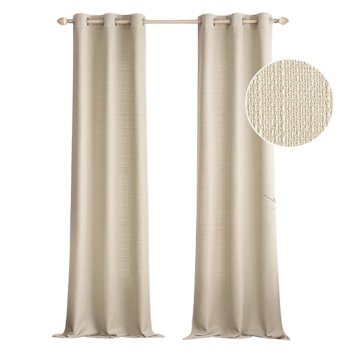 Set 2 perdele MIULEE, aspect texturat in, semitransparente, cu inele, 140 x 175 cm, bej