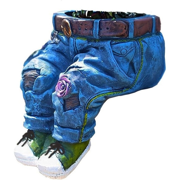 Dekoratív virágcserép, farmer design, retro forma, 14x11x16cm, beltéri és kültéri használatra