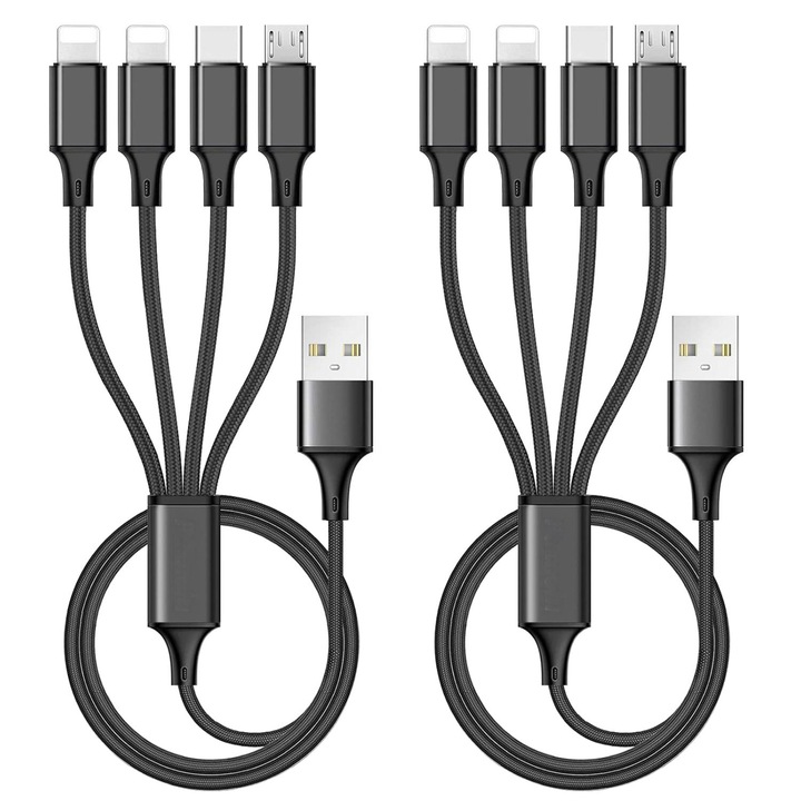 Cablu de date 4-in-1, 2 bucati, 1.2m, nylon impletit, negru, pentru telefoane mobile si tablete
