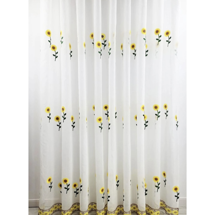 Perdea de bucatarie cu floarea soarelui, tesatura fina si luminoasa, decor rustic, lucrata manual pe rejansa multifunctionala, 150 x 150 cm, Alb/Gaben