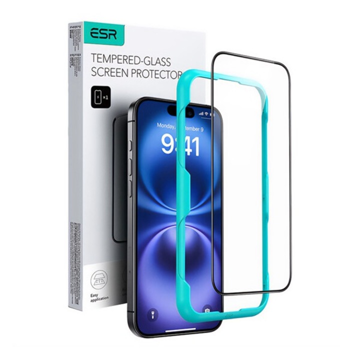 Esr képernyővédő üveg, 2.5d, 0.33mm, 9h + segédkeret, fekete, kompatibilis: Apple iPhone 15 Plus / iPhone 16 Plus