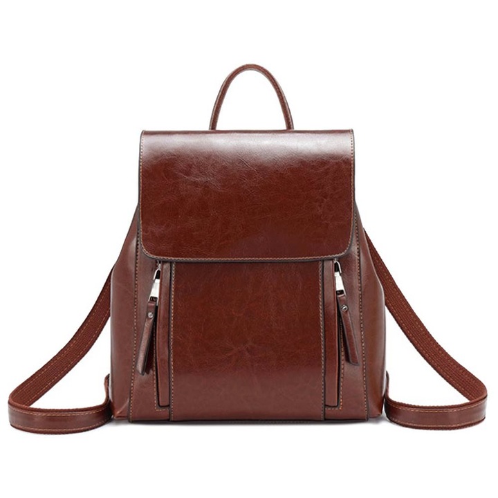 Rucsac dama, Rivinan, piele PU neteda, inchidere magnetica, umar/rucsac/geanta de mana, curea de umar reglabila, 28x11x31 cm, culoare cafea