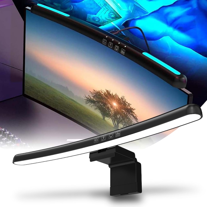 Lampa LED Pentru Monitor Premium, Tressino, cu Banda RGB in Spate pentru Ambianta, Fara Lumina Albastra si Reflexie, Luminozitate si Culoare Reglabile, Control prin Telecomanda, Alimentare USB, 40cm, Negru