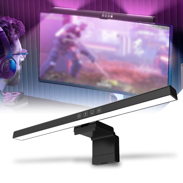 Lampa LED Pentru Monitor Premium, Tressino, cu Iluminare RGB Ambilaterala, Control prin Telecomanda, Reglabila in Luminozitate si Culoare, Fara Reflectie si Lumina Albastra, 5W, USB, 40cm, Negru